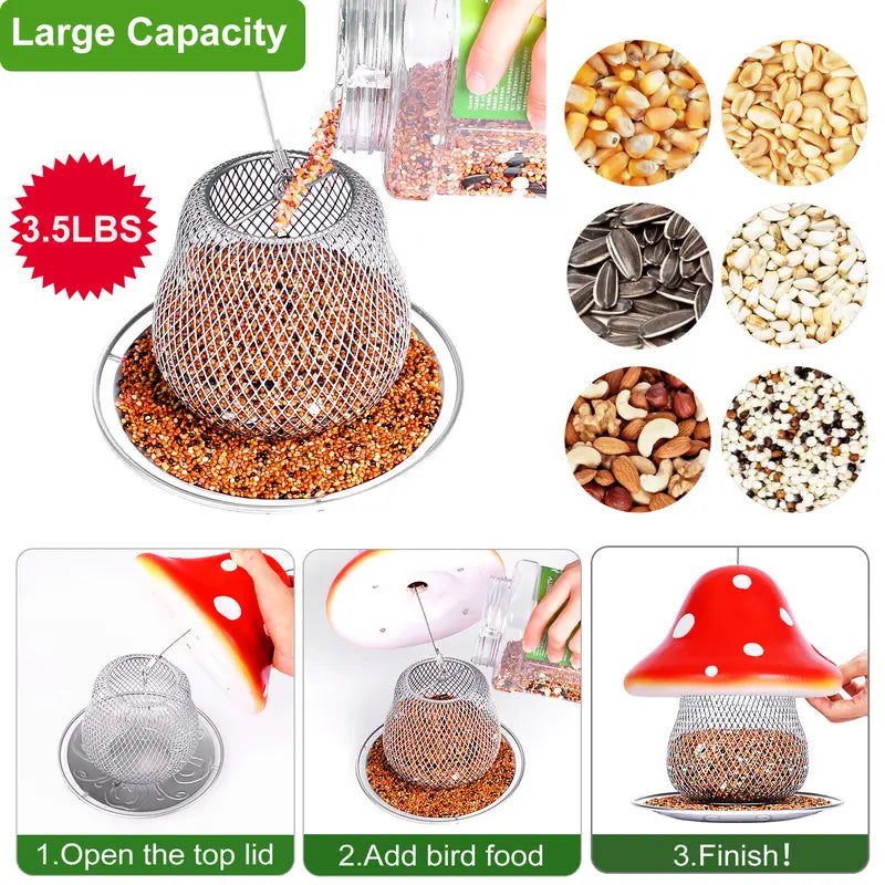 Red Mushroom Solar Bird Feeders - Outdoors Hanging, Color Changing Solar Garden Lantern, Metal Wild Bird Feeder for Cardinals Bird Seed Feeder 3.5LBS Capacity.