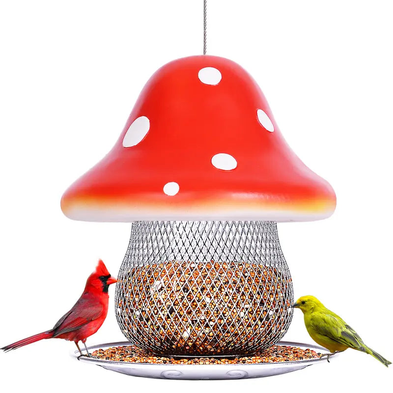 Red Mushroom Solar Bird Feeders - Outdoors Hanging, Color Changing Solar Garden Lantern, Metal Wild Bird Feeder for Cardinals Bird Seed Feeder 3.5LBS Capacity.