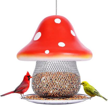 Red Mushroom Solar Bird Feeders - Outdoors Hanging, Color Changing Solar Garden Lantern, Metal Wild Bird Feeder for Cardinals Bird Seed Feeder 3.5LBS Capacity.