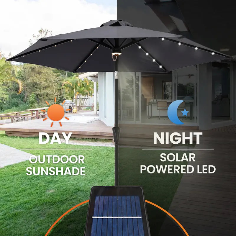 FLAME&SHADE 7.5 Ft Solar Powered Outdoor Market Patio Table Umbrella with LED Lights and Tilt