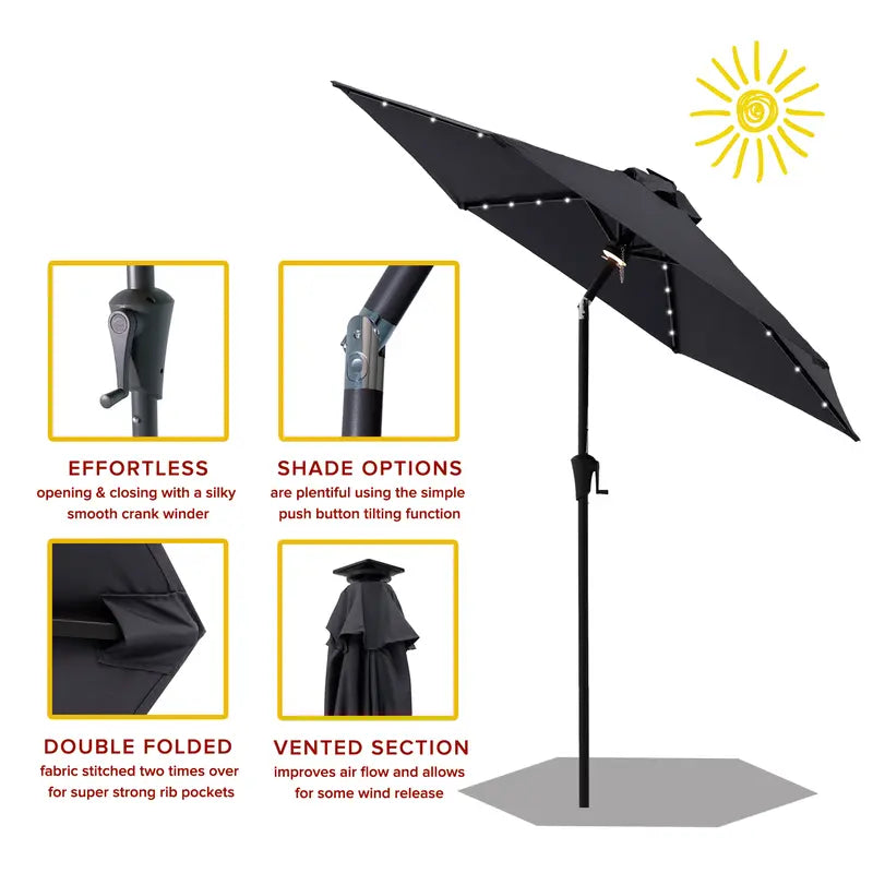 FLAME&SHADE 7.5 Ft Solar Powered Outdoor Market Patio Table Umbrella with LED Lights and Tilt